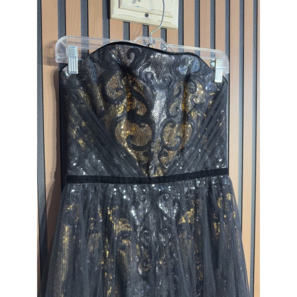 MARCHESA NOTTE Black Gold Sequin Tulle Strapless Gown Formal Evening Ballgown - Picture 6 of 14